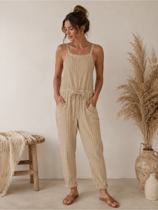 Rip Curl Pants - Ripcurl Beige Linen-Blend Sleeveless Jumpsuit boho coastal sz small